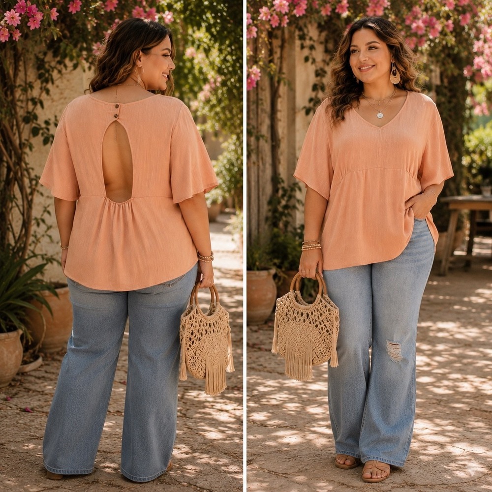 GeeGee Keyhole Open Back Top Women's 2XL Cantaloupe Peach Flutter Sleeve NWOT